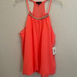“Mine” Sheer Salmon Orange Embellished Sleeveless Top Size Large New